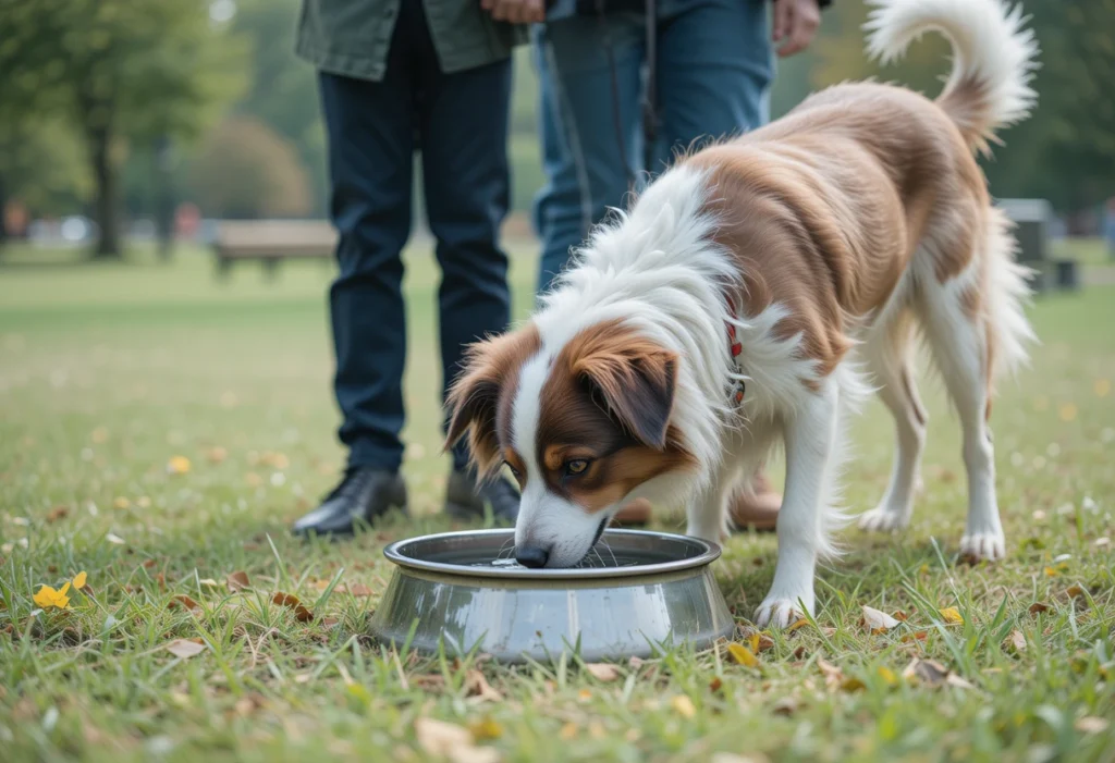 a dog drinking water from the bowl in the park