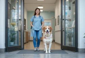 a happy dog walking into a veterinary clinic