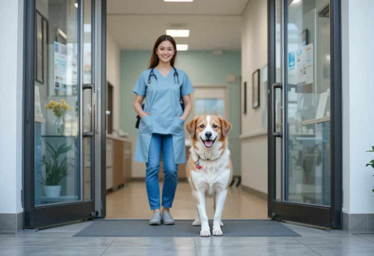 a happy dog walking into a veterinary clinic