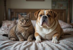 an obese cat and dog sitting together on a bed