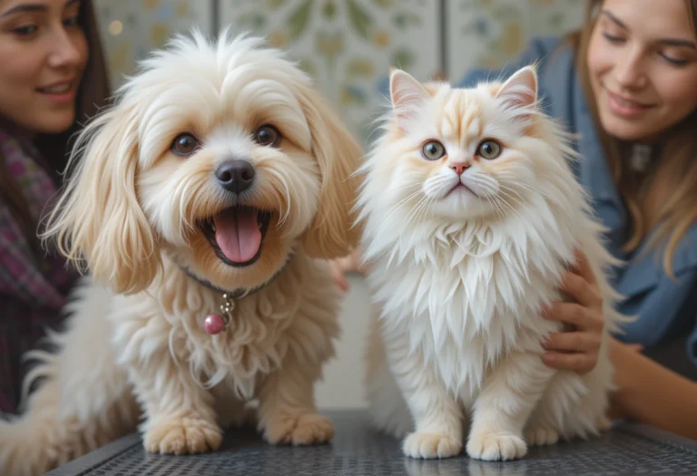 happy pet owners grooming their pets managing excessive pet shedding