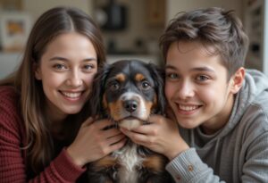 heartwarming image of a foster family with a pet they’ve cared for