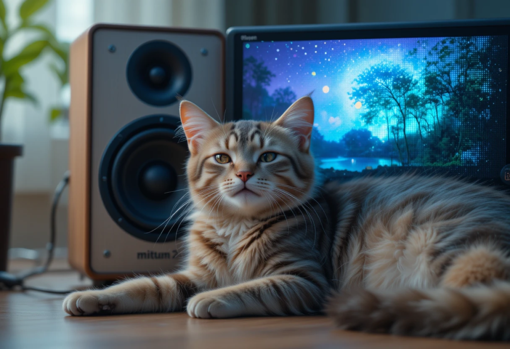 A cat lounging in front of a speaker playing calming nature sounds