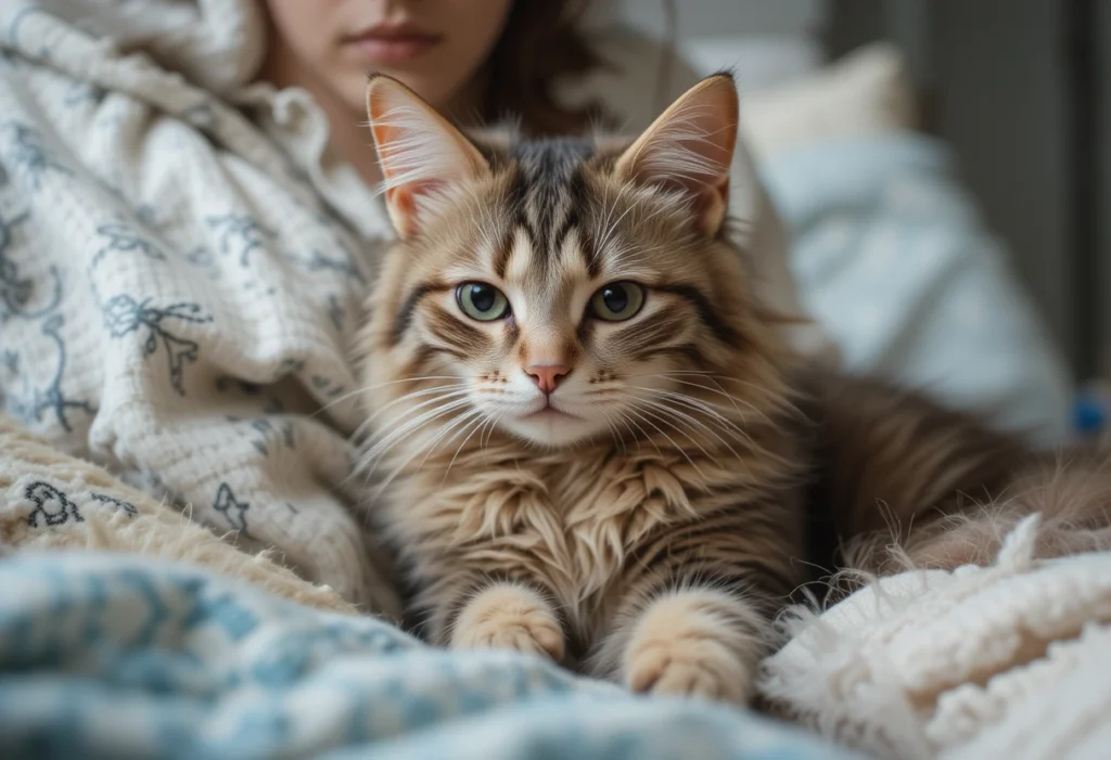 show a cat sitting beside its unwell owner